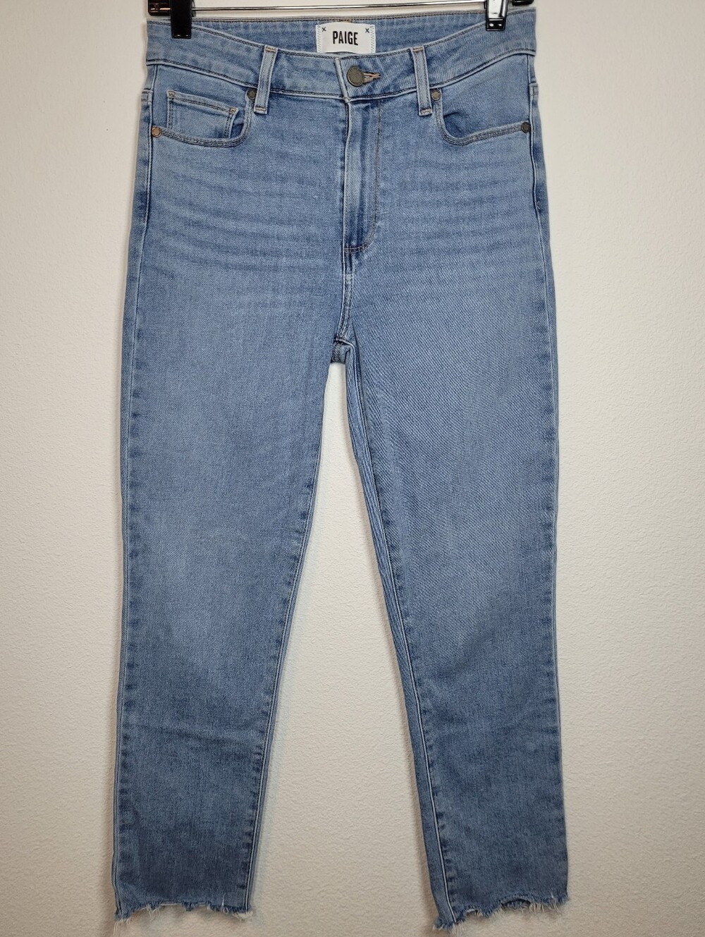 PAIGE Denim Hoxton Slim Crop Raw Frayed Hem Light Blue Stretch Jeans 27 Capsule